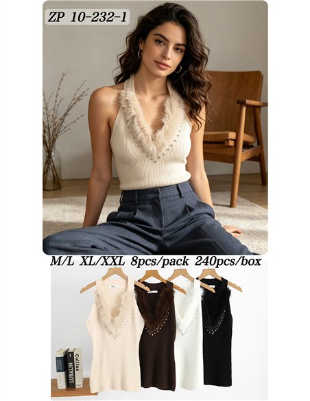 Top halter de canalé cuello de pelo