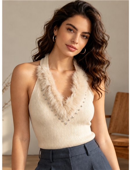 Top halter de canalé cuello de pelo