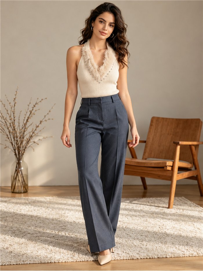 Top halter de canalé cuello de pelo