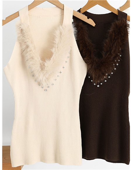 Top halter de canalé cuello de pelo