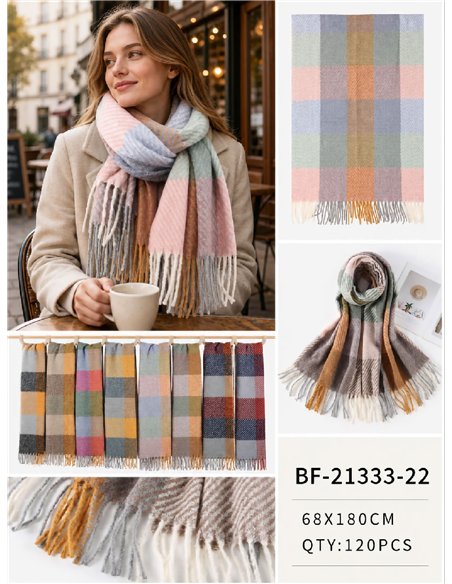 Sciarpa a quadri multicolore con frange