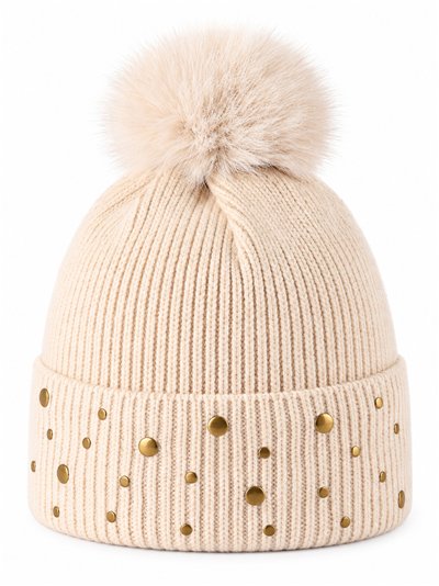 Cappello lavorato a maglia con pon-pon e borchie dorate