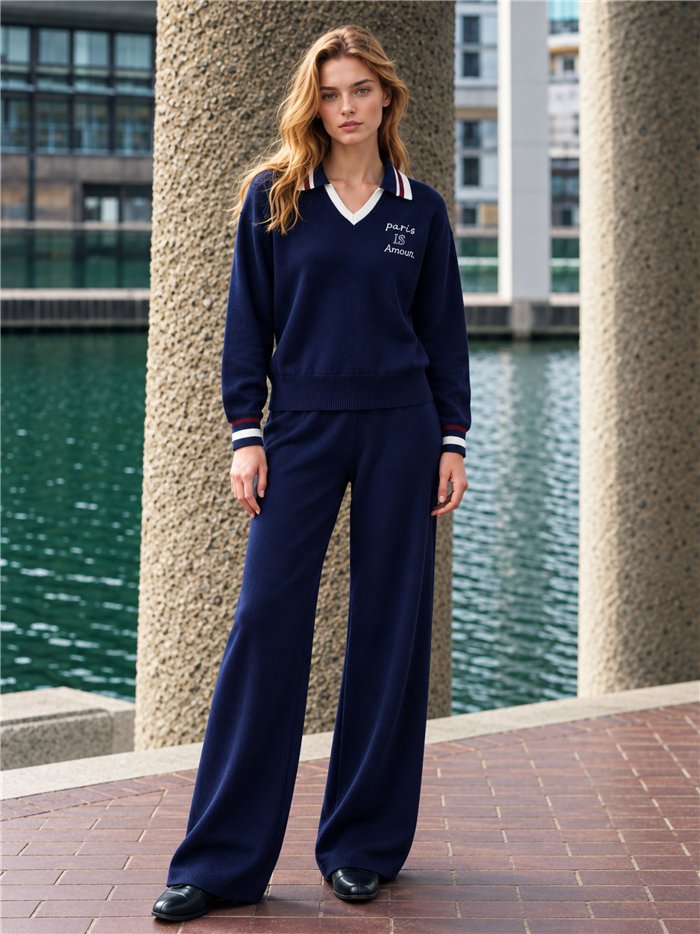 Polo neck knit sweater and wide leg trousers set
