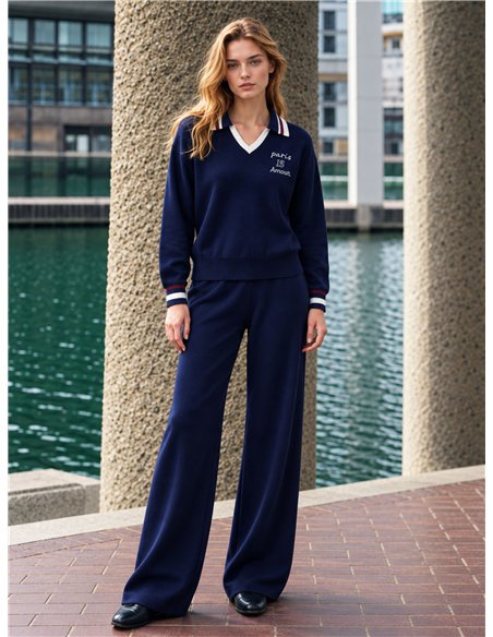 Polo neck knit sweater and wide leg trousers set