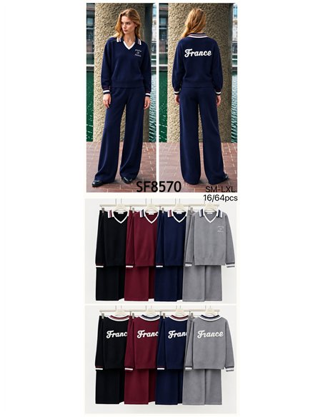 Polo neck knit sweater and wide leg trousers set