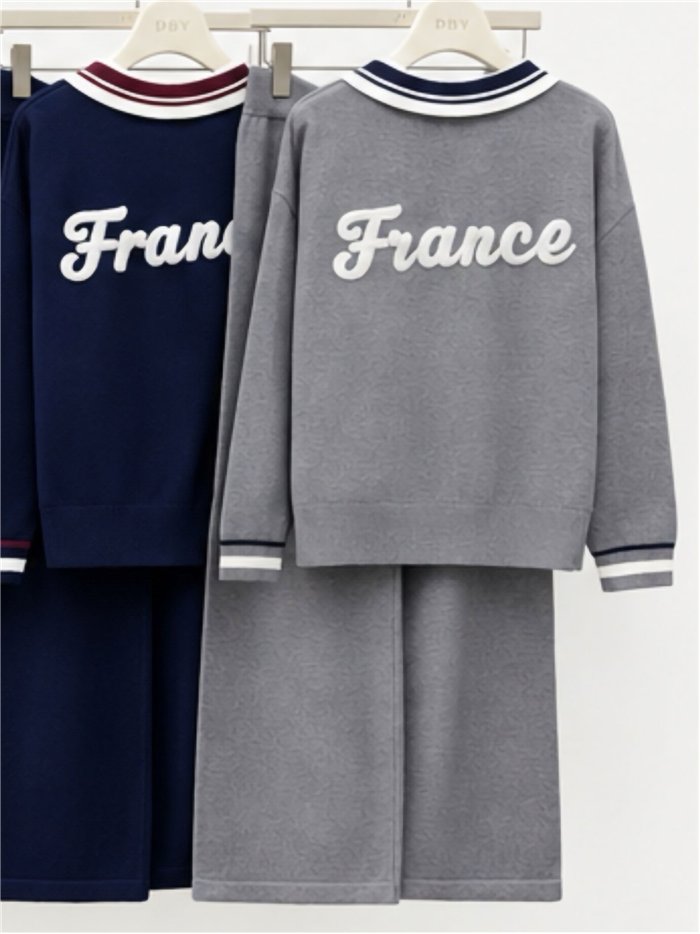 Polo neck knit sweater and wide leg trousers set