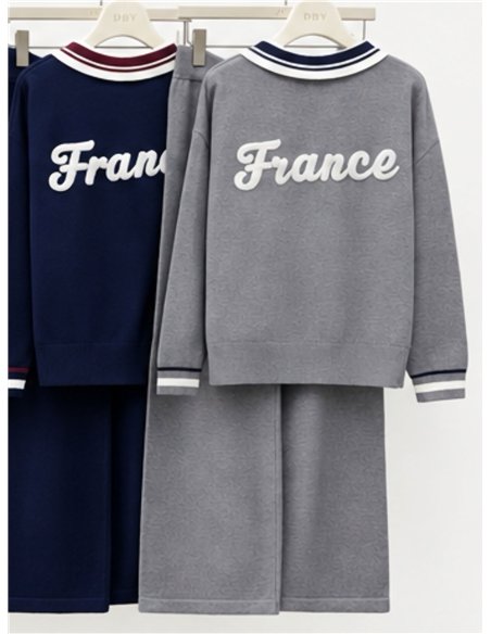 Polo neck knit sweater and wide leg trousers set
