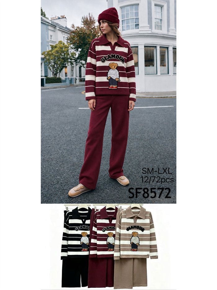 Conjunto Jersey rayas con oso y pantalón