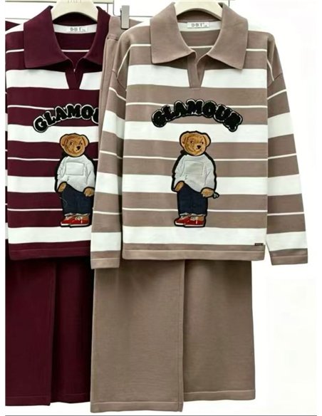 Conjunto Jersey rayas con oso y pantalón
