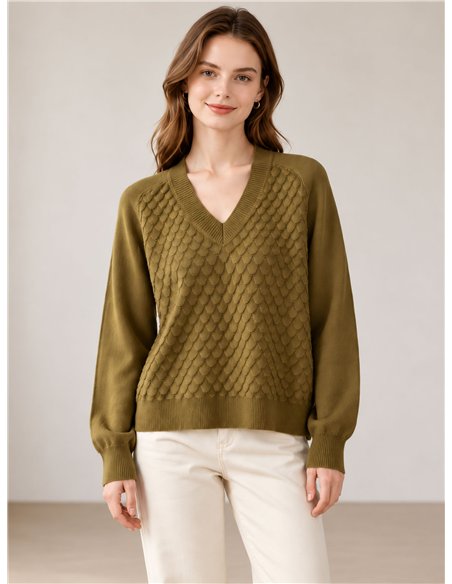 Jersey cuello pico con relieve de escamas