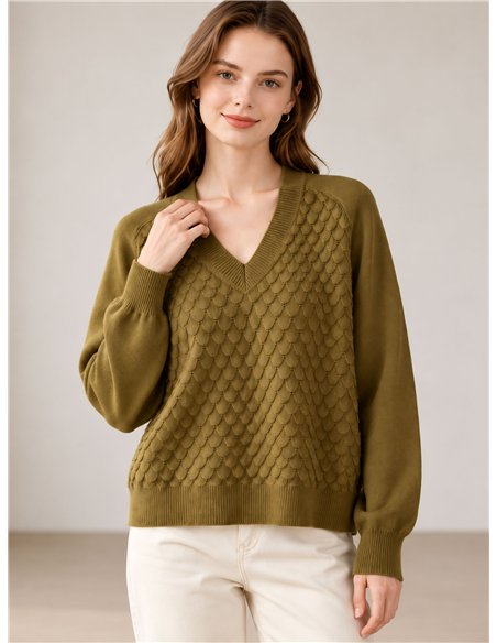 Jersey cuello pico con relieve de escamas