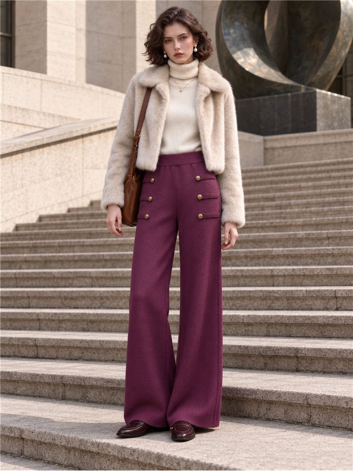 Pantalón wide leg de punto con botones dorados