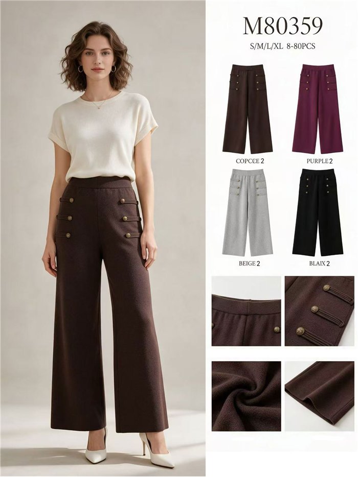 Pantalón wide leg de punto con botones dorados