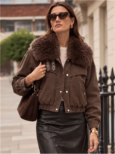 Faux fur collar cropped denim jacket