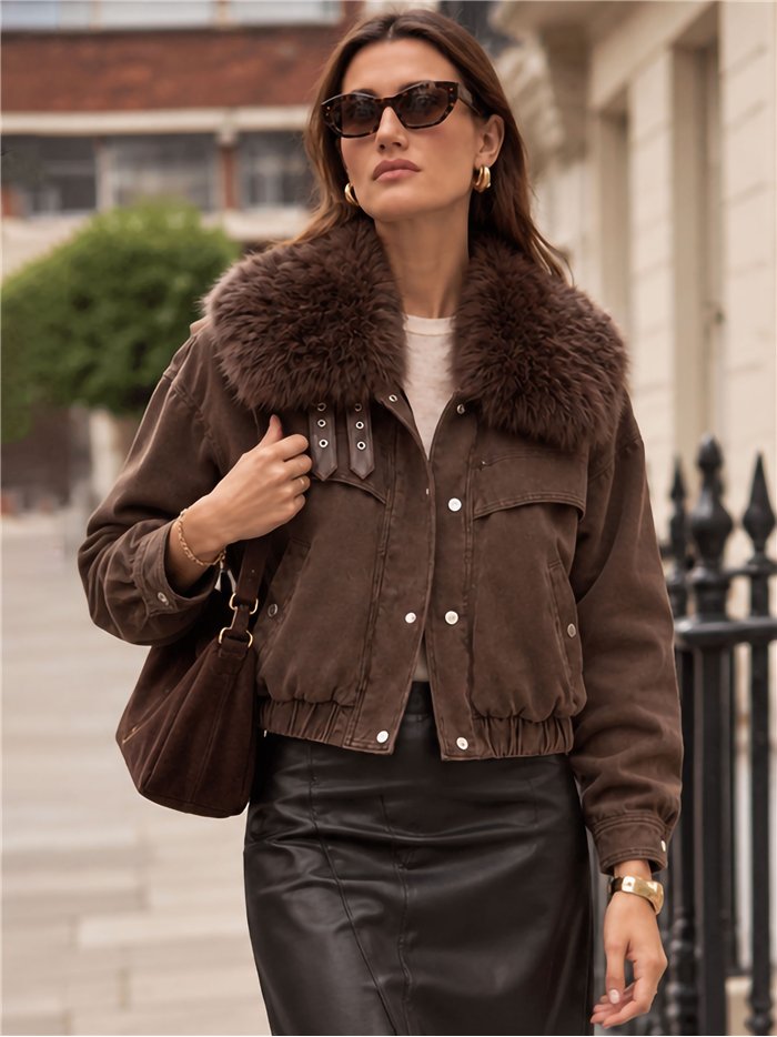 Faux fur collar cropped denim jacket