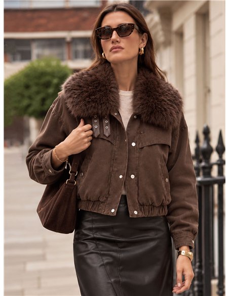 Faux fur collar cropped denim jacket