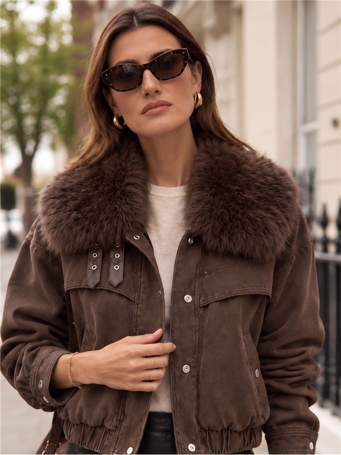Faux fur collar cropped denim jacket