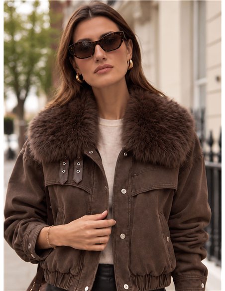 Faux fur collar cropped denim jacket