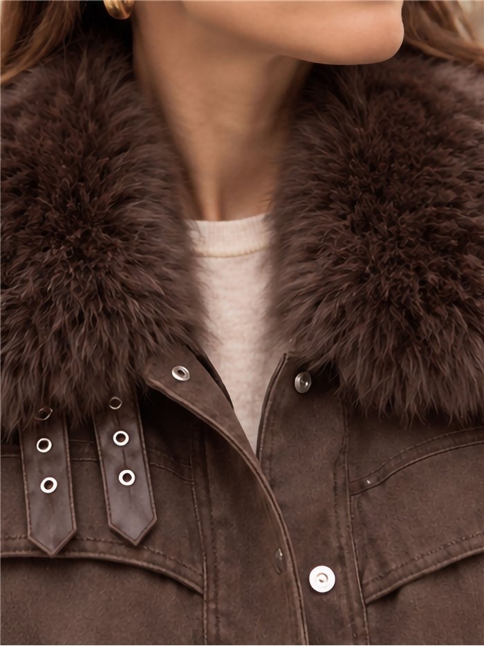 Faux fur collar cropped denim jacket