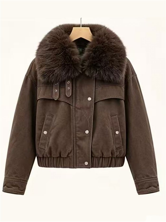 Faux fur collar cropped denim jacket