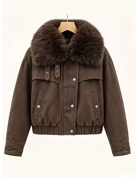 Faux fur collar cropped denim jacket