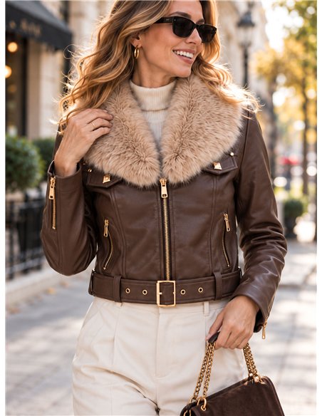 Kunstlederjacke mit Pelzkragen