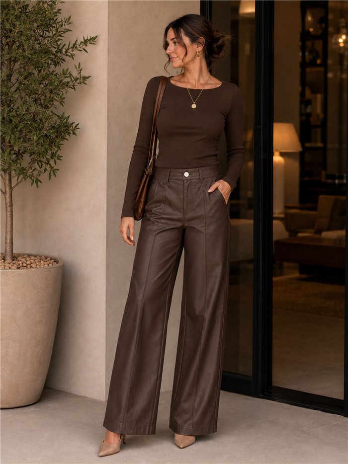 Pantalón wide leg efecto piel