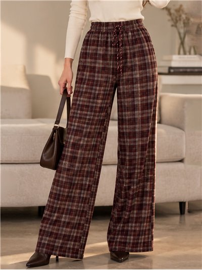 Pantalón paño wide leg de cuadros con cordón