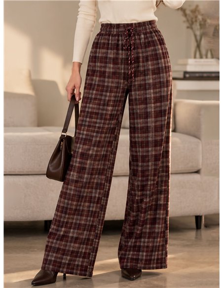 Pantalón paño wide leg de cuadros con cordón