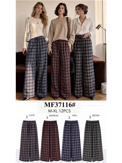 Pantalón paño wide leg de cuadros con cordón 2