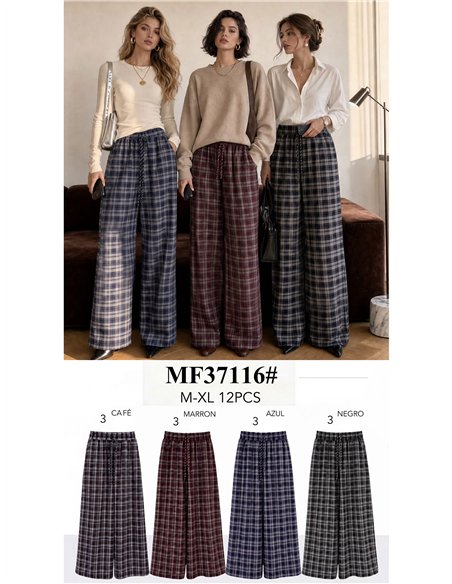 Pantalón paño wide leg de cuadros con cordón