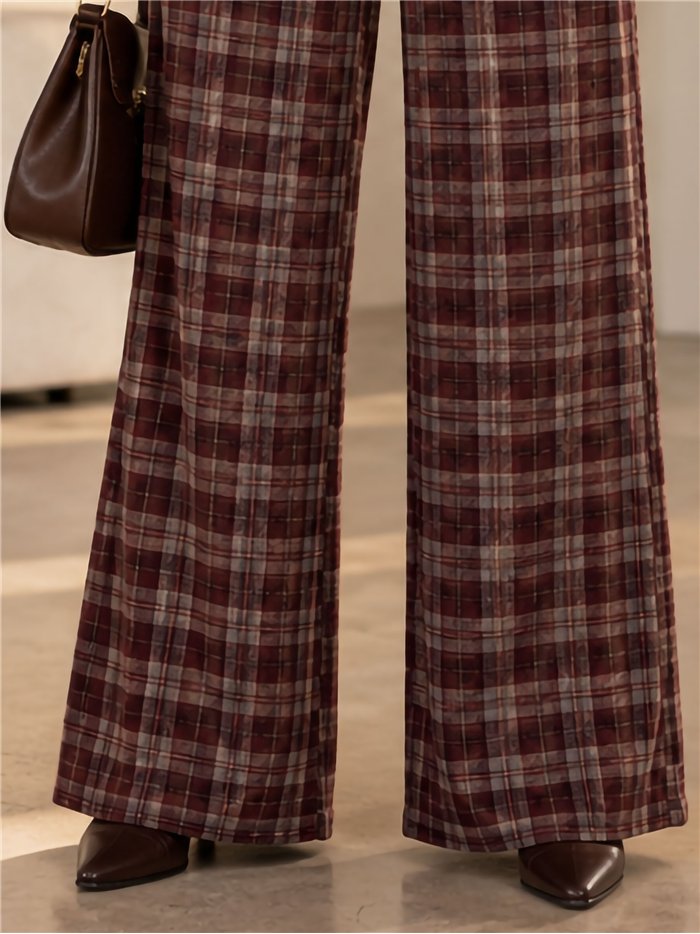 Pantalón paño wide leg de cuadros con cordón