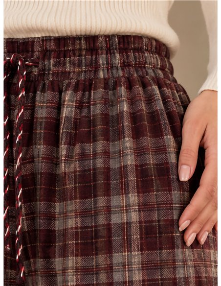 Pantalón paño wide leg de cuadros con cordón