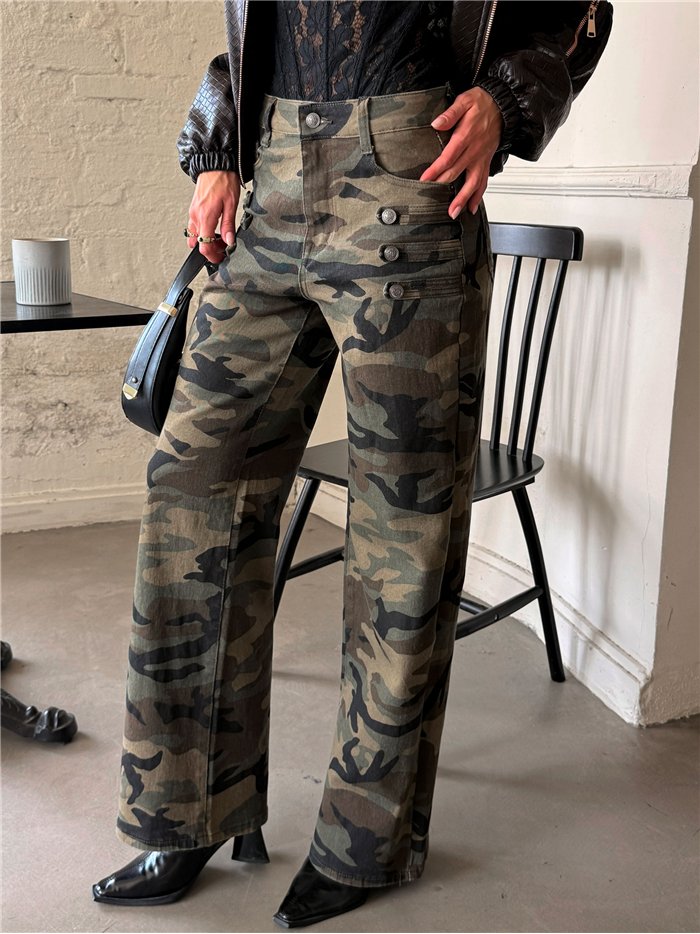 Jeans wide leg camuflaje con botones