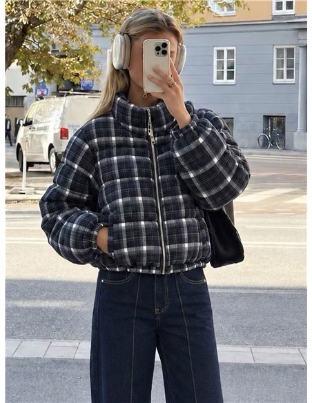 Cropped plaid puffer jacket
