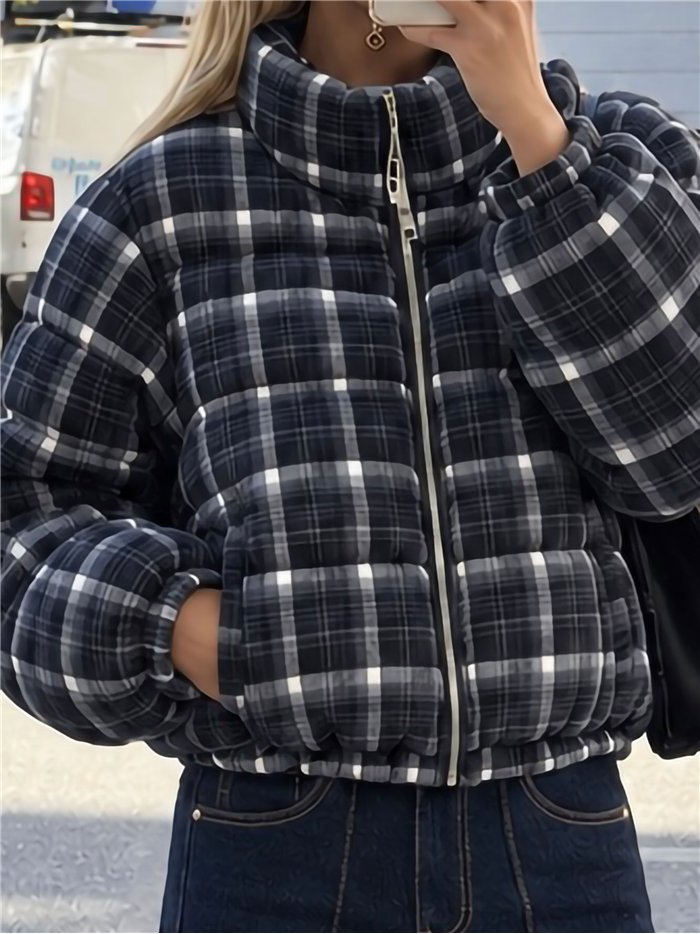 Cropped plaid puffer jacket