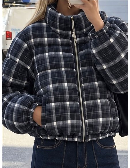 Cropped plaid puffer jacket