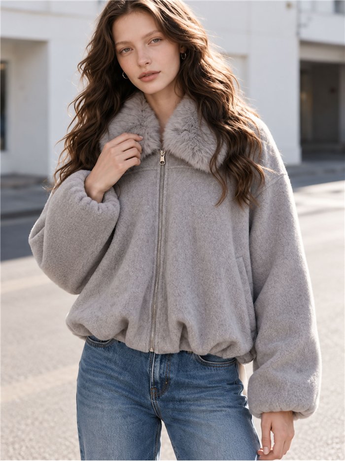 Chaqueta bomber paño con cuello de pelo