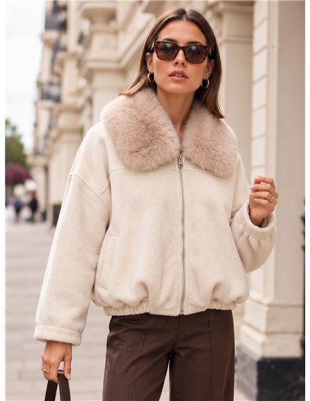 Wool effect faux fur collar bomber jacket