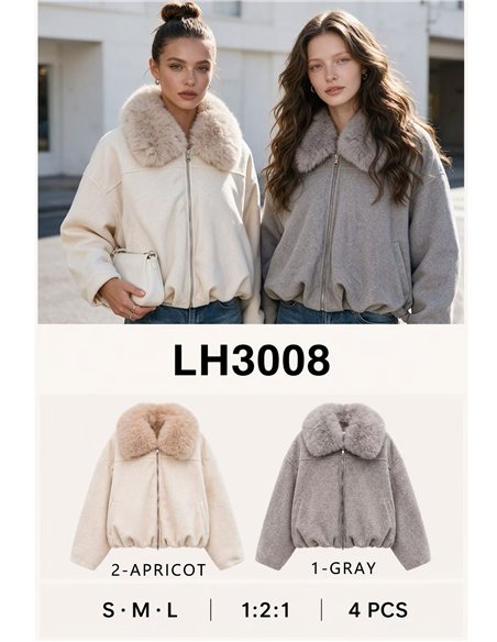 Wool effect faux fur collar bomber jacket