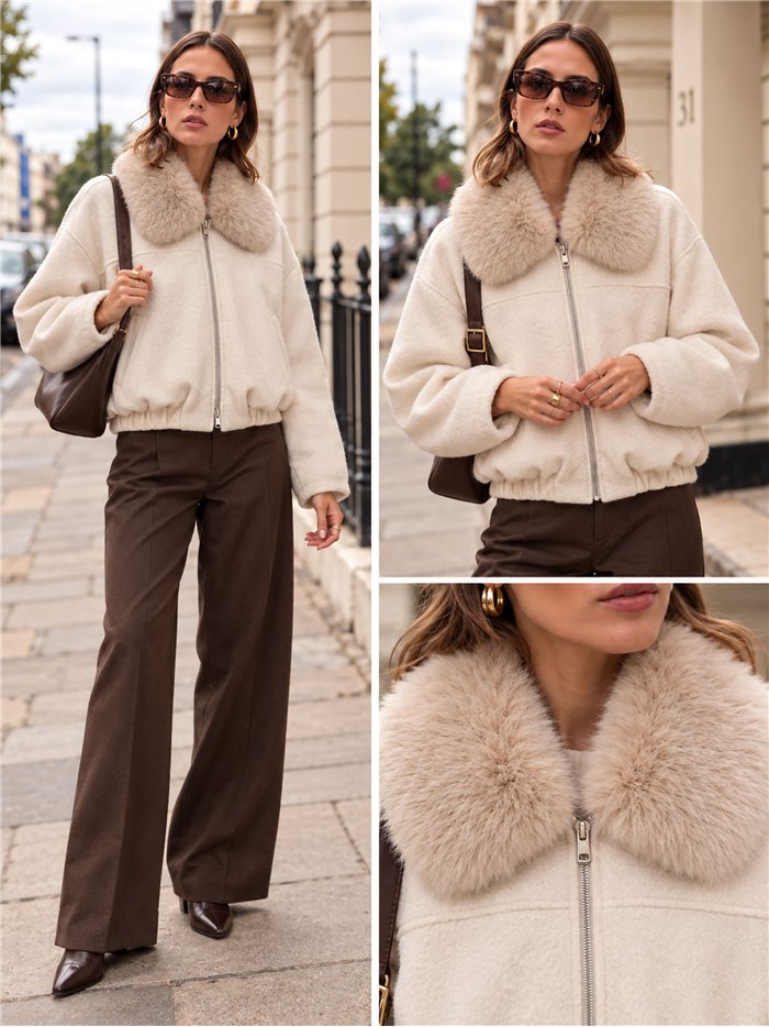Wool effect faux fur collar bomber jacket