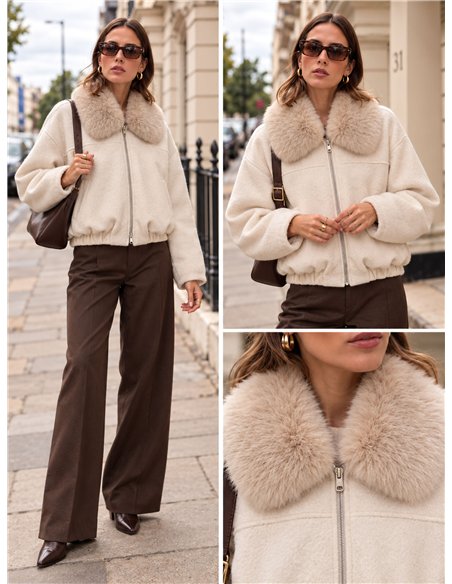 Wool effect faux fur collar bomber jacket