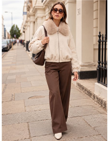Wool effect faux fur collar bomber jacket